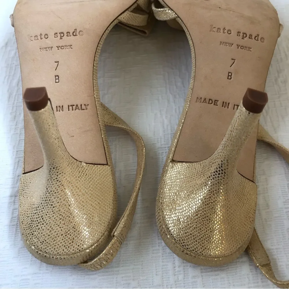 Kate Spade Maribeth Gold Metallic Bow Stiletto Slingback Pumps 7 Wedding Evening